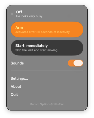 George menu extra while off, with Arm and Start immediately buttons