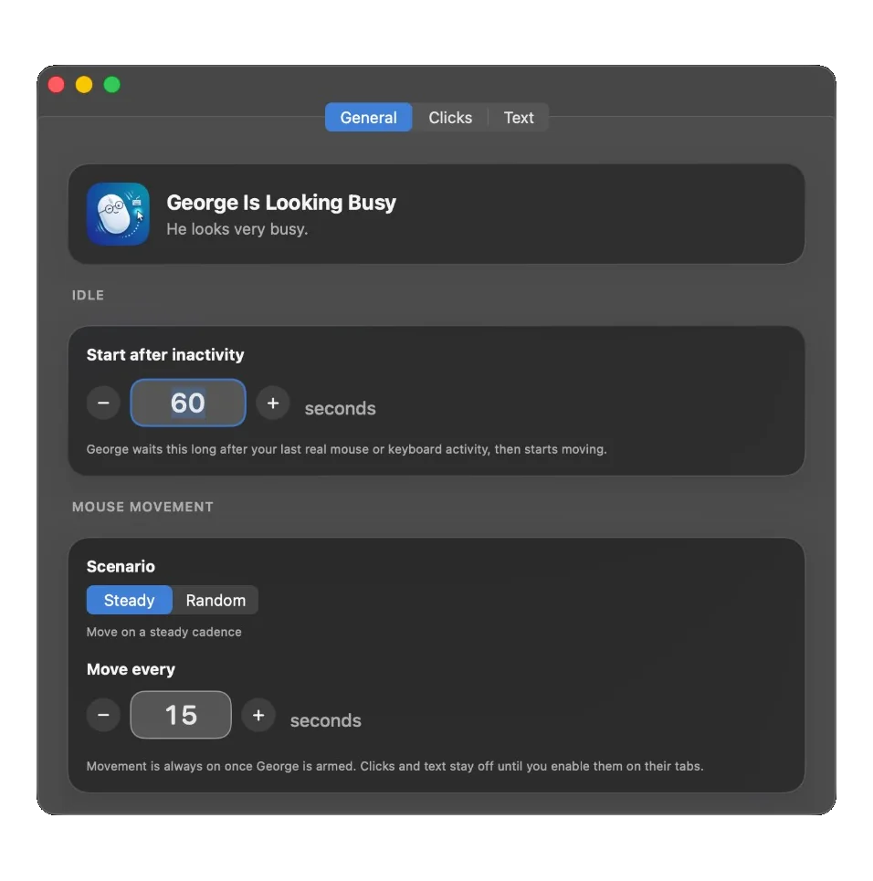 George Is Looking Busy General settings: idle timeout and mouse movement cadence